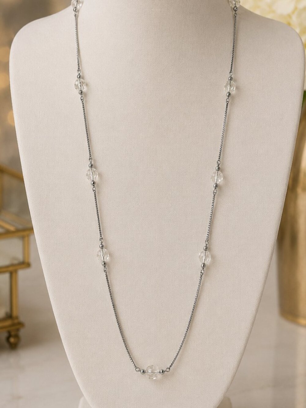 Avon Silver Tone Crystal Station Necklace Long Clear Faceted Bead Necklace
